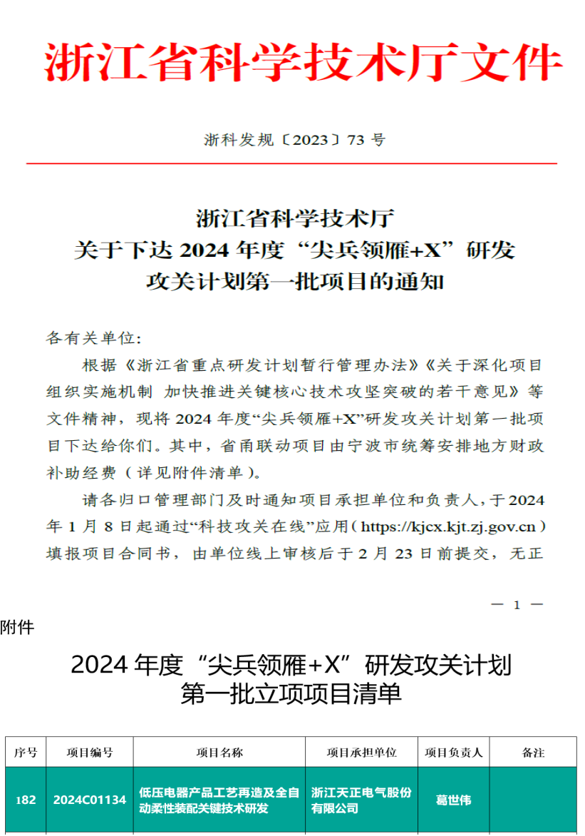 重大突破！天正获批浙江省“尖兵领雁”计划